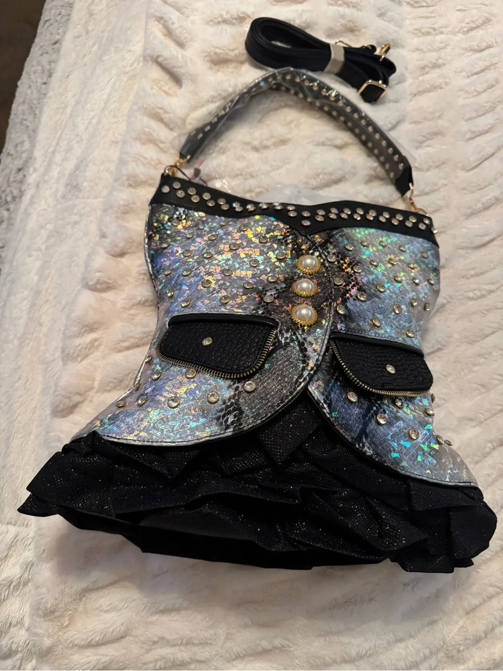 Chic Corset Handbag NWT Holographic Iridescent Black Studded Skirt